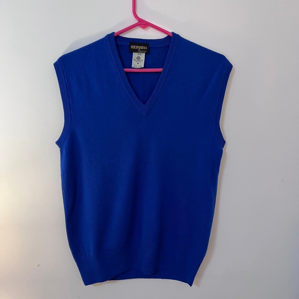 Morgano Men's Medium Merino Virgin Wool V-Neck Sweater Vest Royal Blue ITALY